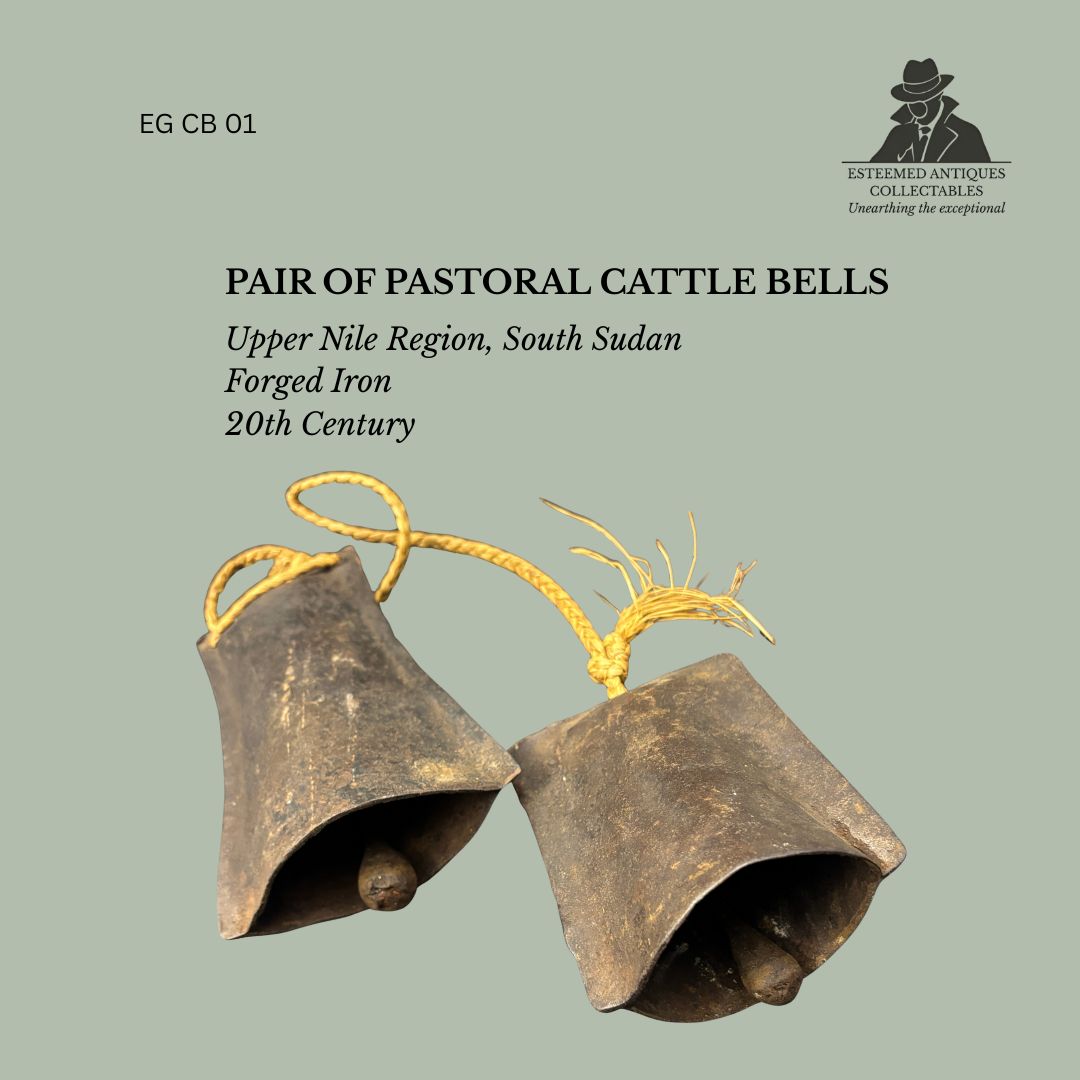 TG CB 01 African Cattle Herding Bells, Attributed Dinka or Nuer Culture, South Sudan, Forged Steel Livestock Bells (Pair)