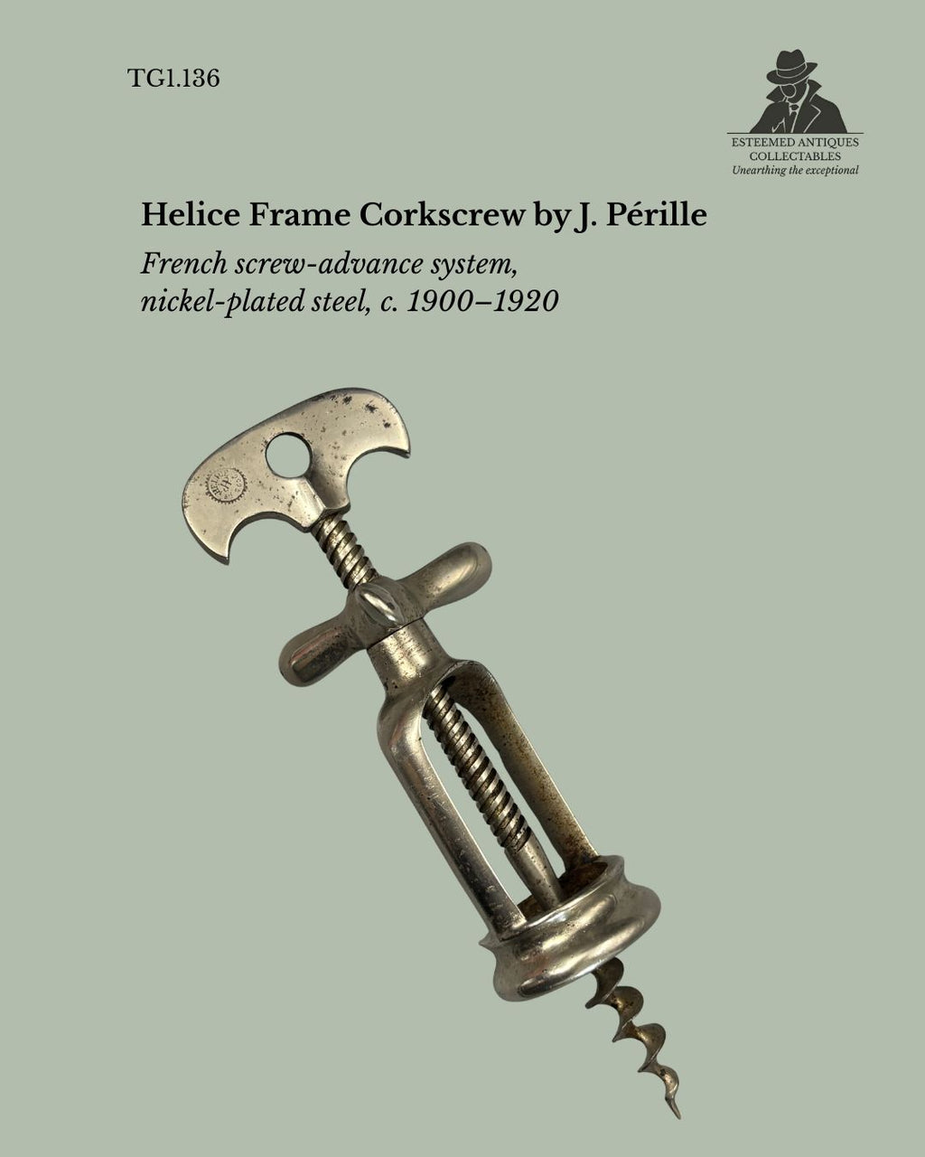 Helice Frame Corkscrew with Fly Nut, Nickel-Plated Steel, J. Pérille, France, c.1900–1920