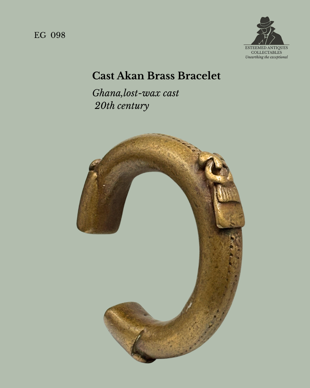 Cast brass West African bracelet, Akan tradition, Ghana, lost-wax technique, 20th century.