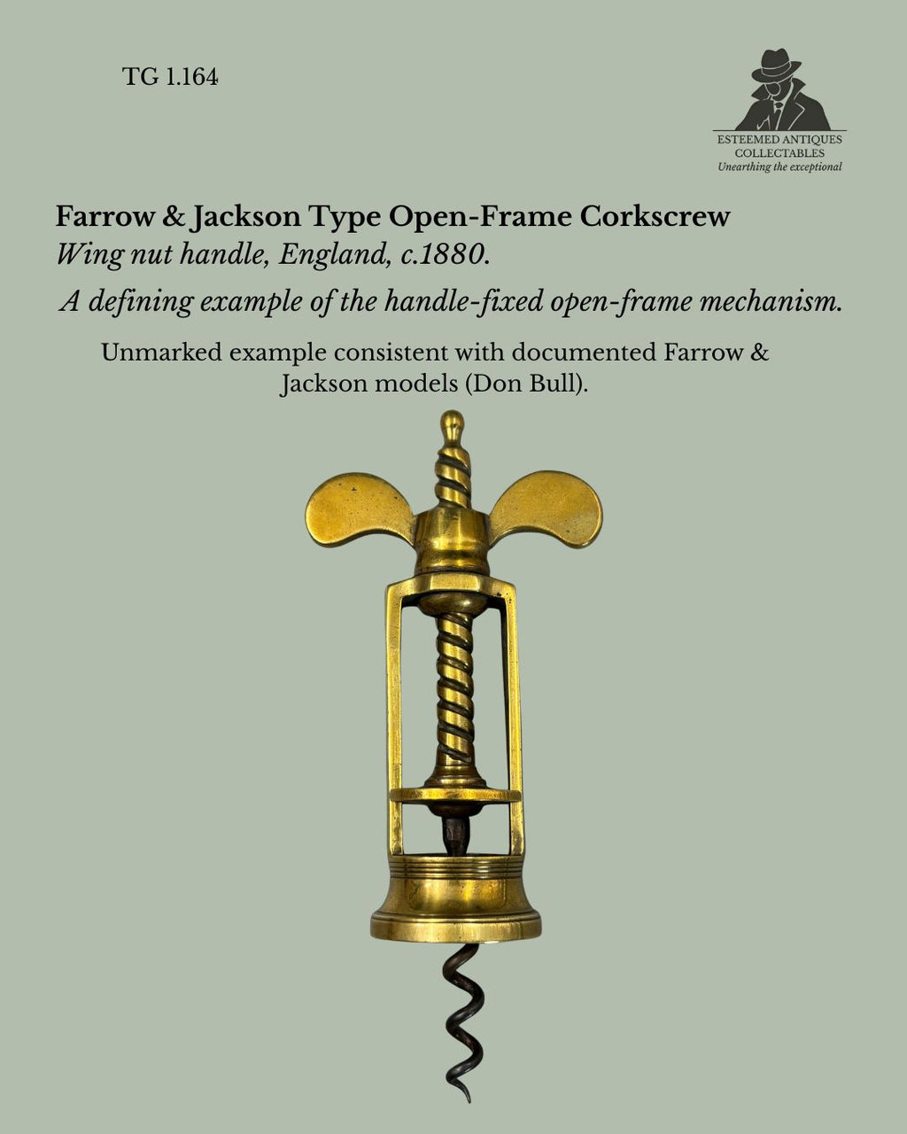 Farrow & Jackson Type Open-Frame Corkscrew, Wing Nut (Handle-Fixed), Brass, England, c.1880