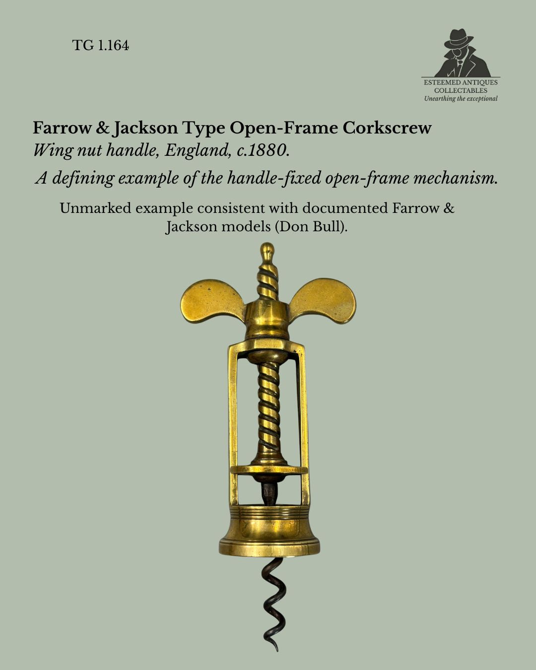 Farrow & Jackson Type Open-Frame Corkscrew, Wing Nut (Handle-Fixed), Brass, England, c.1880