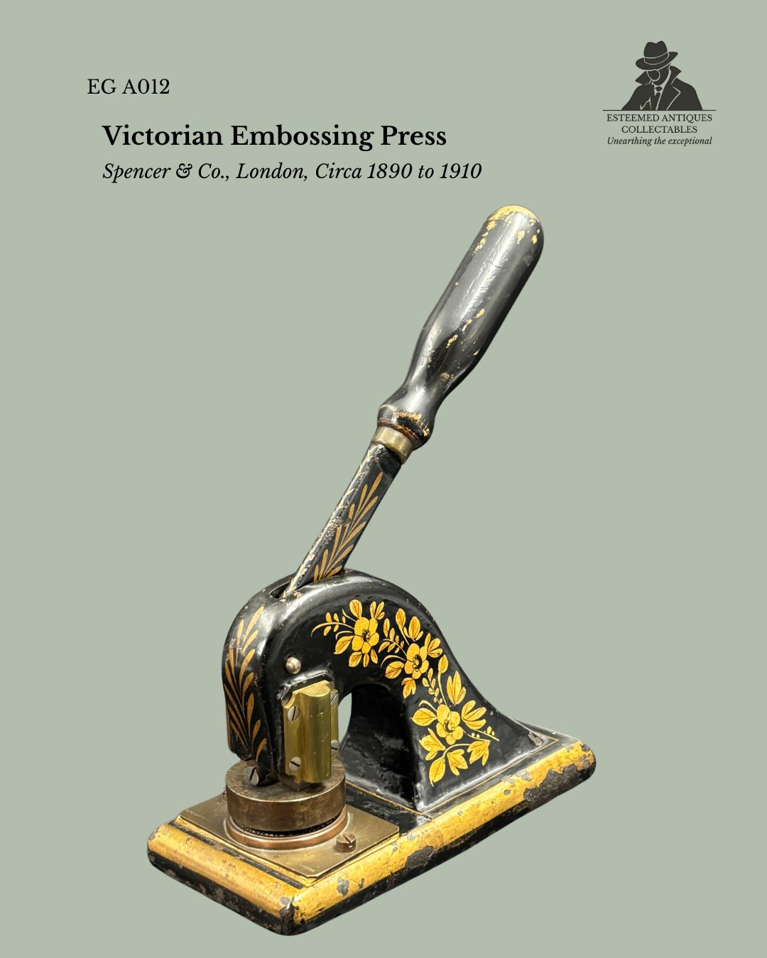Victorian Embossing Press by Spencer & Co, London, Cast Iron and Brass Office Seal Press, England, Late 19th Century