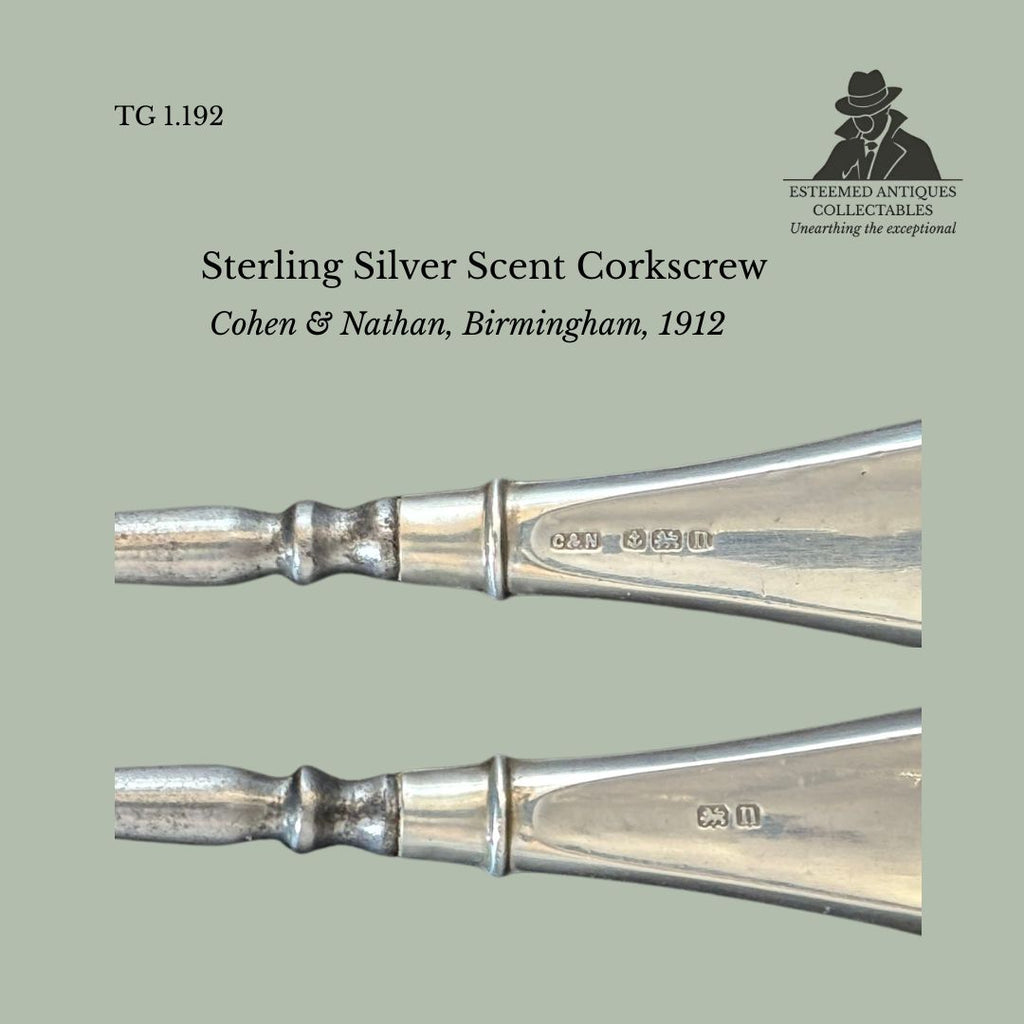 Sterling silver scent / perfume bottle corkscrew by Cohen & Nathan, hallmarked Birmingham 1912, an Edwardian vanity tool for opening perfume or scent bottles.
