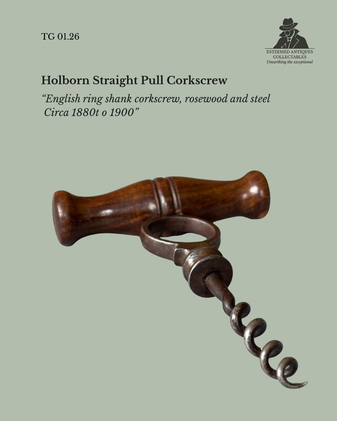Holborn Straight Pull Corkscrew, Ring Shank, Rosewood Handle, England, Circa 1880 to 1900