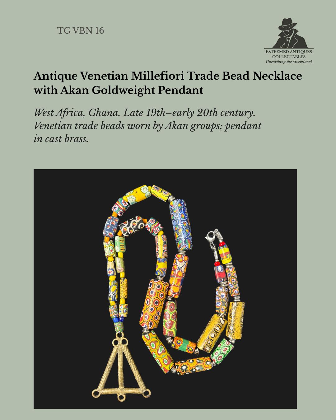Strand of Antique Venetian Millefiori Glass Trade Beads with Akan Brass Goldweight Pendant, West Africa, Ghana