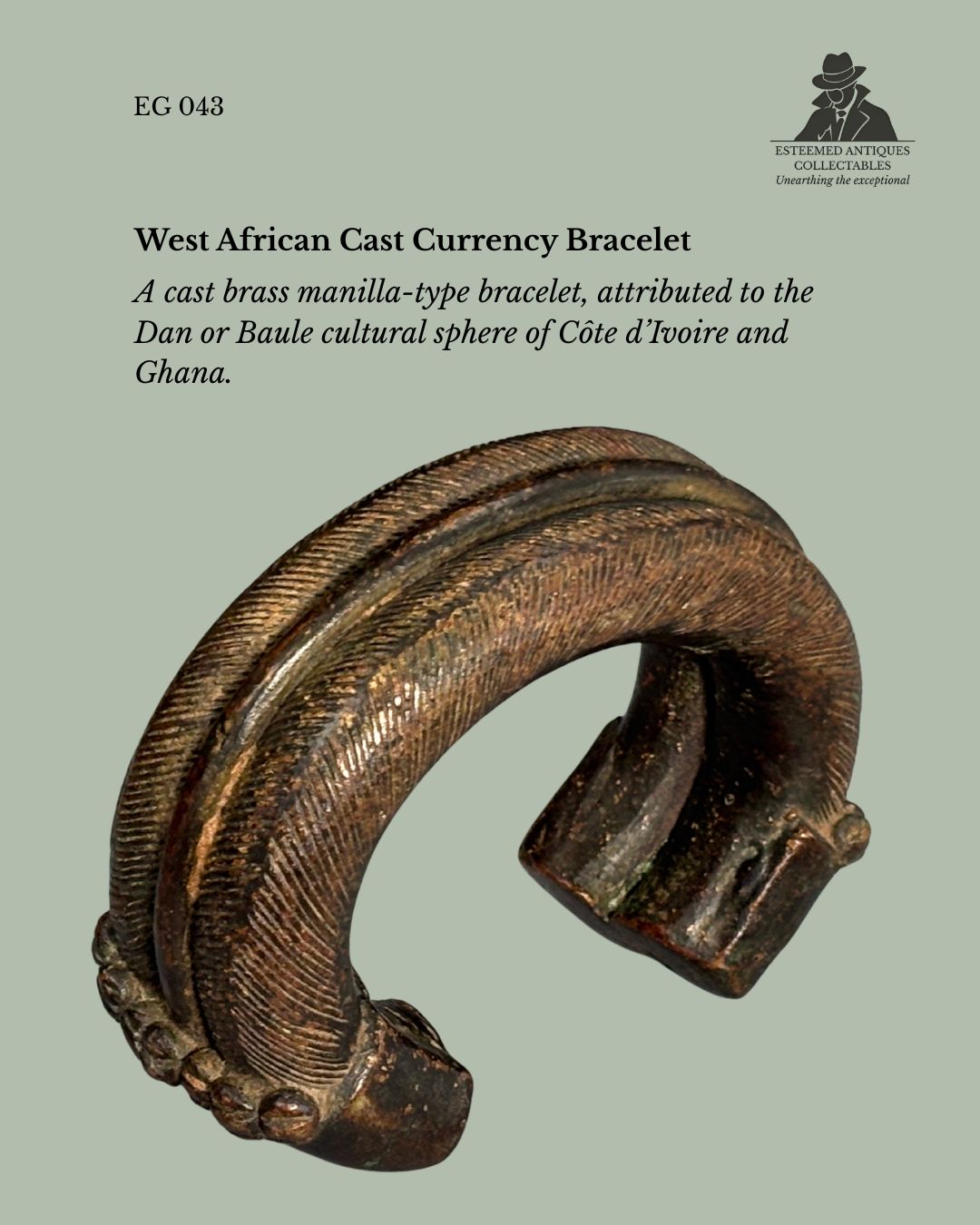 West African Cast Brass Currency Bracelet (Manilla Type), Dan or Baule Attributed, Côte d’Ivoire / Ghana