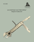 Multi-tool corkscrew on a light green background with text and logo.