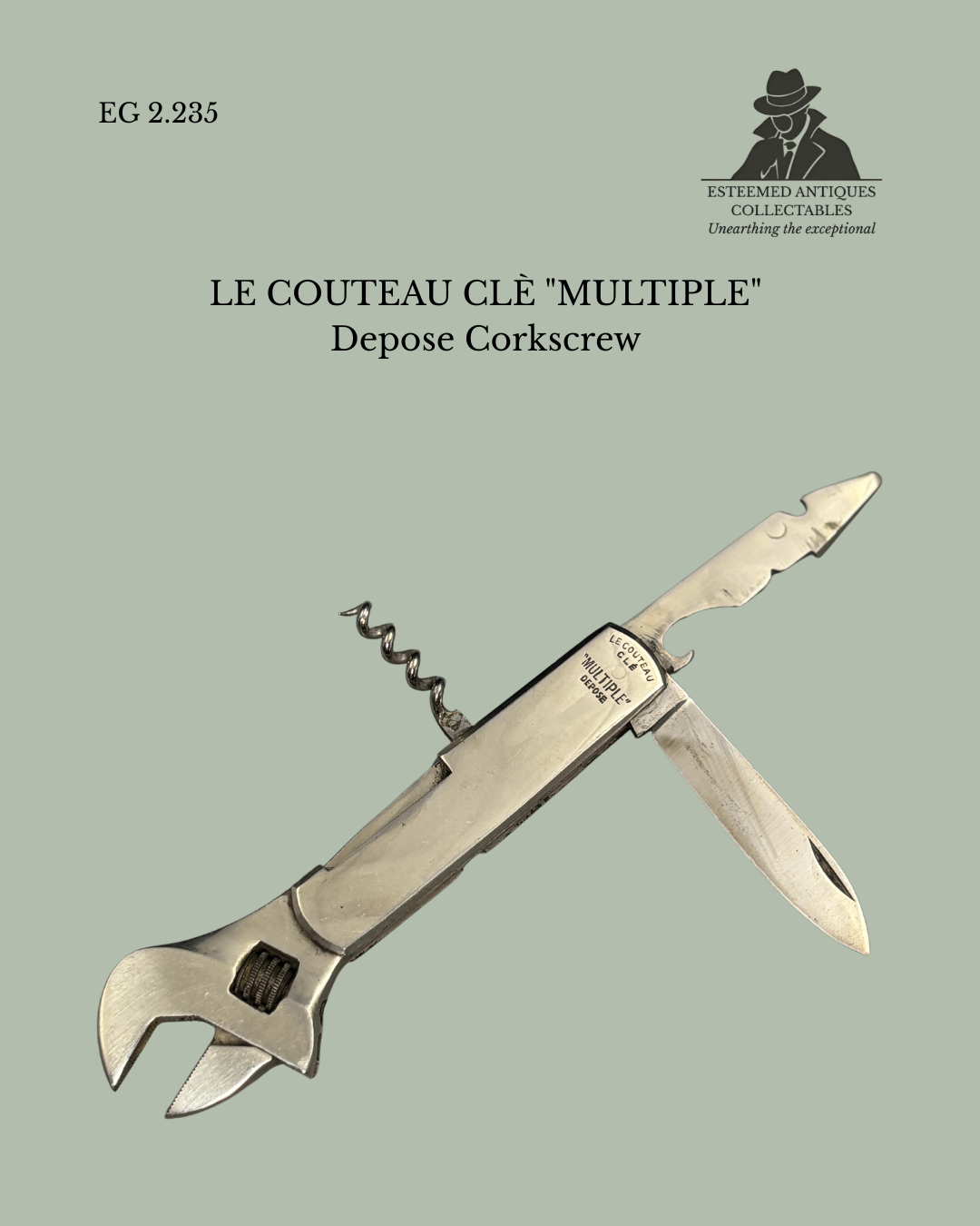 Multi-tool corkscrew on a light green background with text and logo.