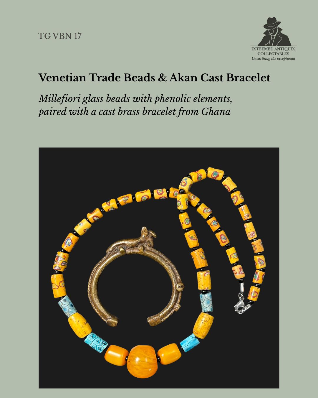 Venetian Millefiori Glass Trade Bead Necklace with Phenolic Resin Beads and Akan Cast Brass Bracelet, Ghana, West Africa