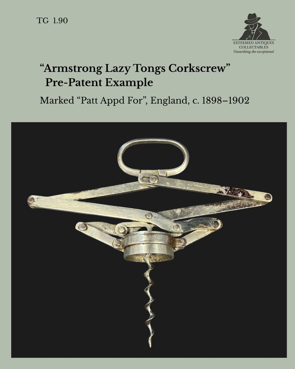 Armstrong Concertina Frame Corkscrew, Double Lever Mechanical, Nickel Plated, England, pre-1902