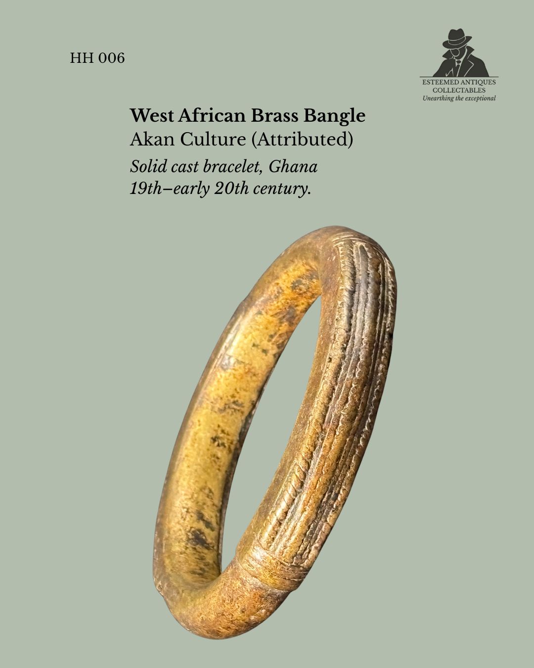 West African Cast Brass Bangle Bracelet, Akan Culture (Attributed), Ghana, Lost-Wax Technique