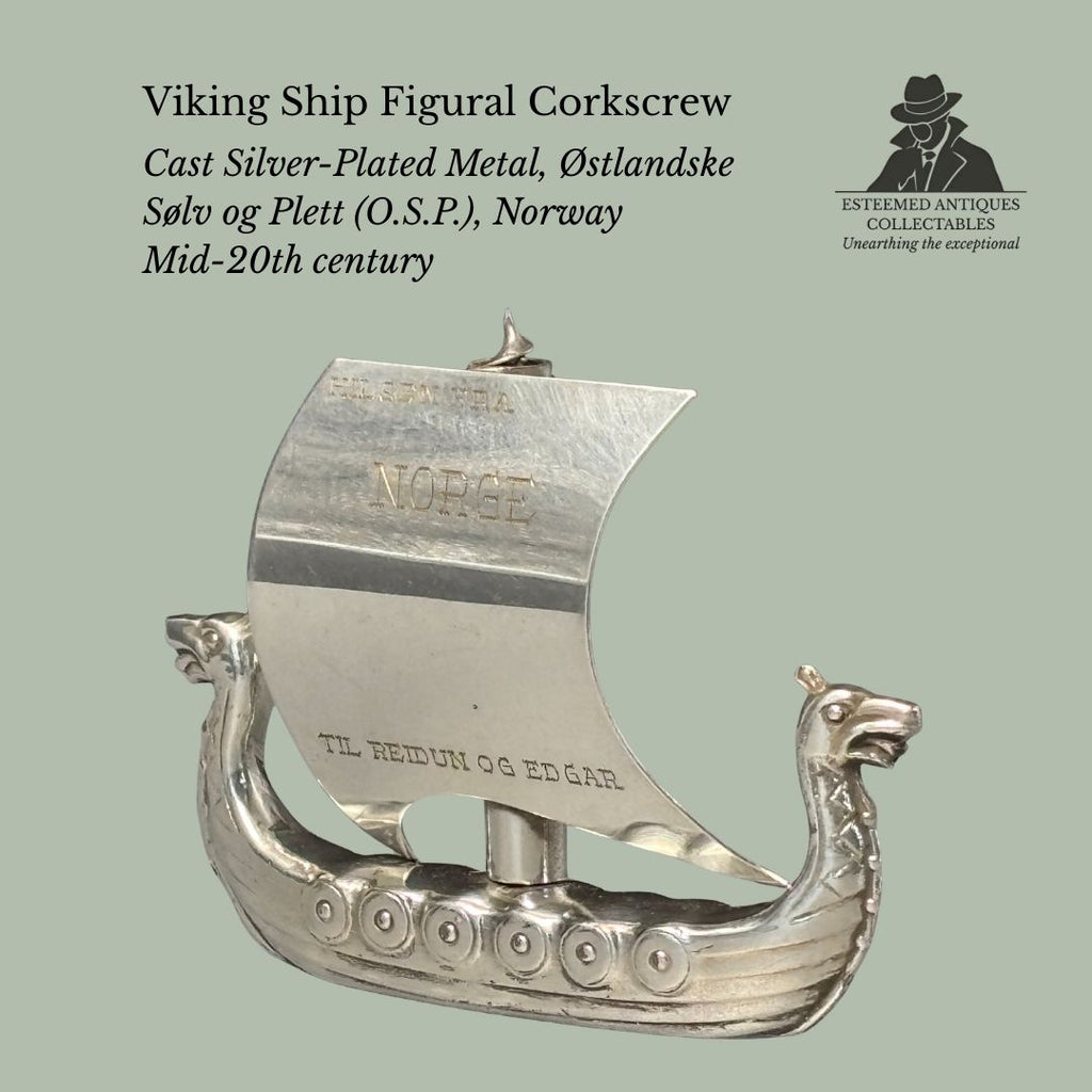 Viking Ship Figural Corkscrew, Cast Silver-Plated Metal, Østlandske Sølv og Plett (O.S.P.), Norway, mid-20th century