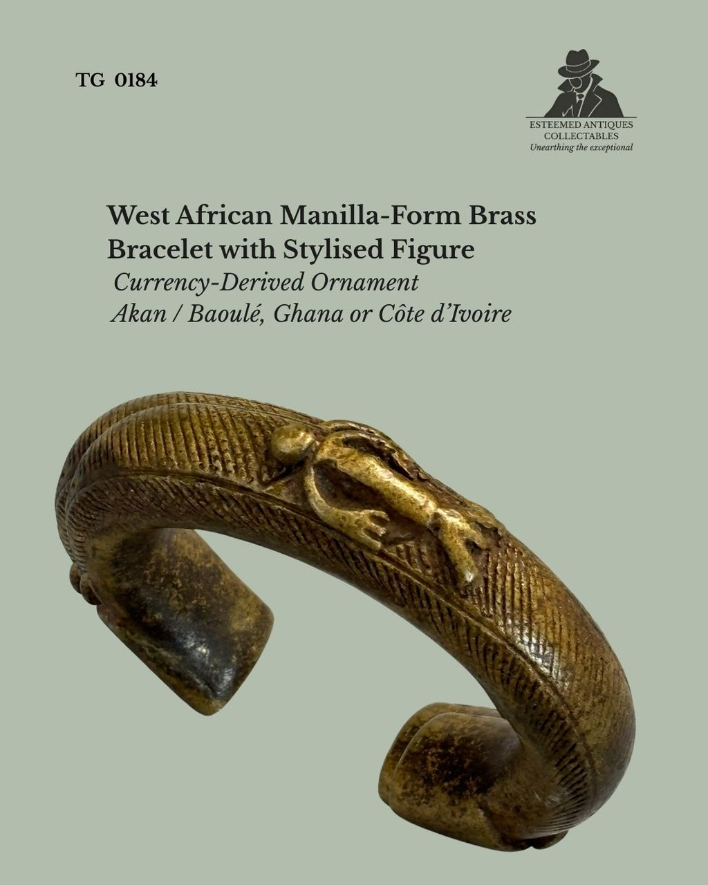 West African Manilla-Form Brass Bracelet with Stylised Figure Currency-Derived Ornament - Akan / Baoulé, Ghana or Côte d’Ivoire