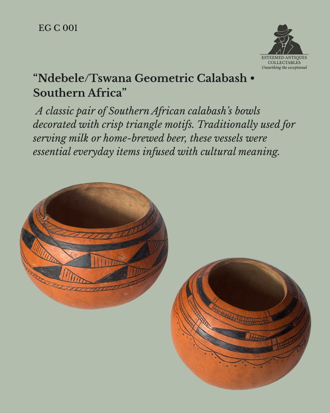 Ndebele / Tswana Geometric Calabash Bowls Pair – Southern Africa Hand-Carved Decorated Gourds