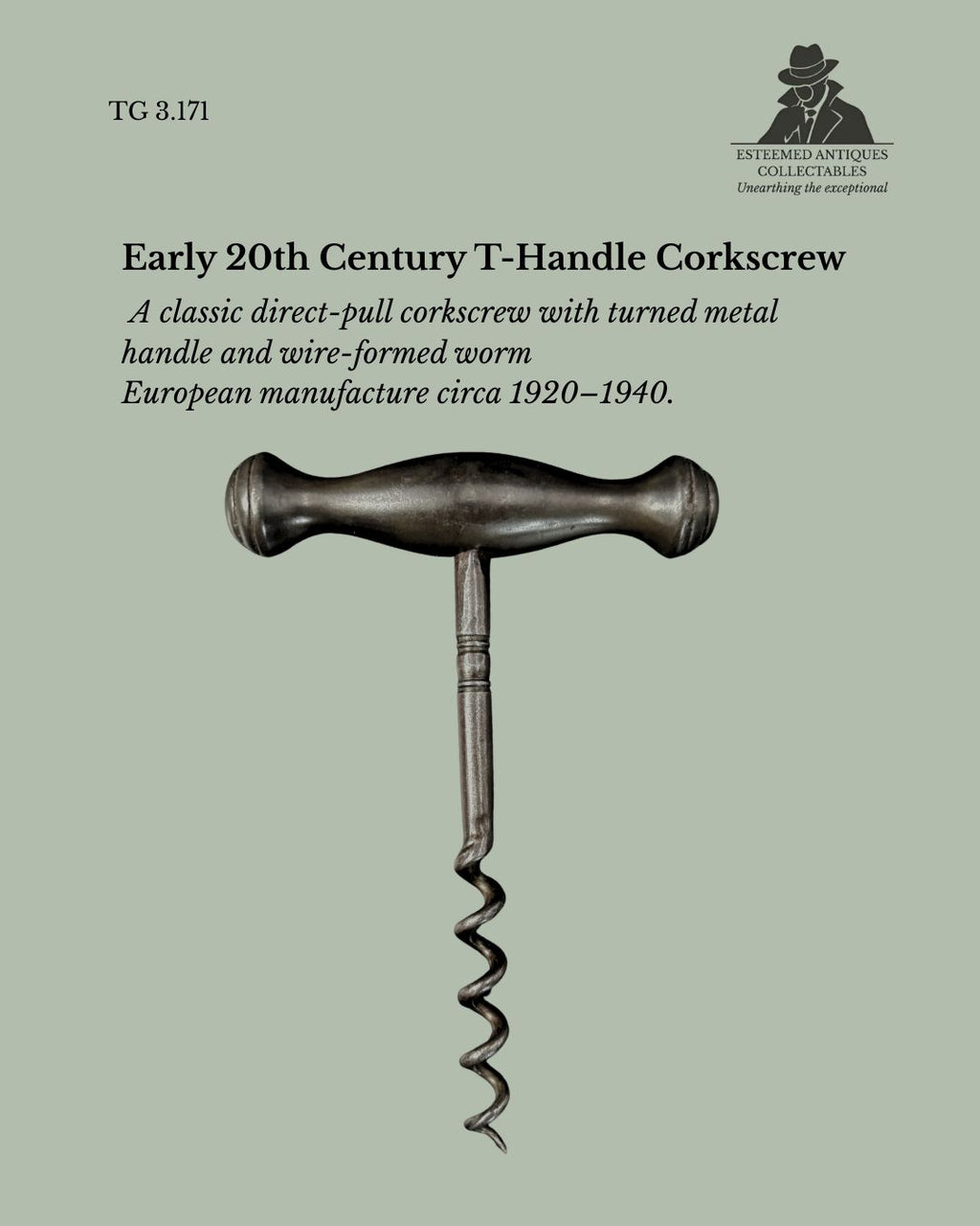 T-Handle Corkscrew, Direct Pull Mechanism, Steel with Turned Metal Handle, Europe, c.1920–1940