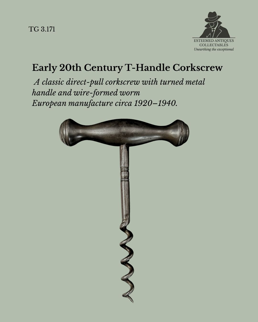 T-Handle Corkscrew, Direct Pull Mechanism, Steel with Turned Metal Handle, Europe, c.1920–1940