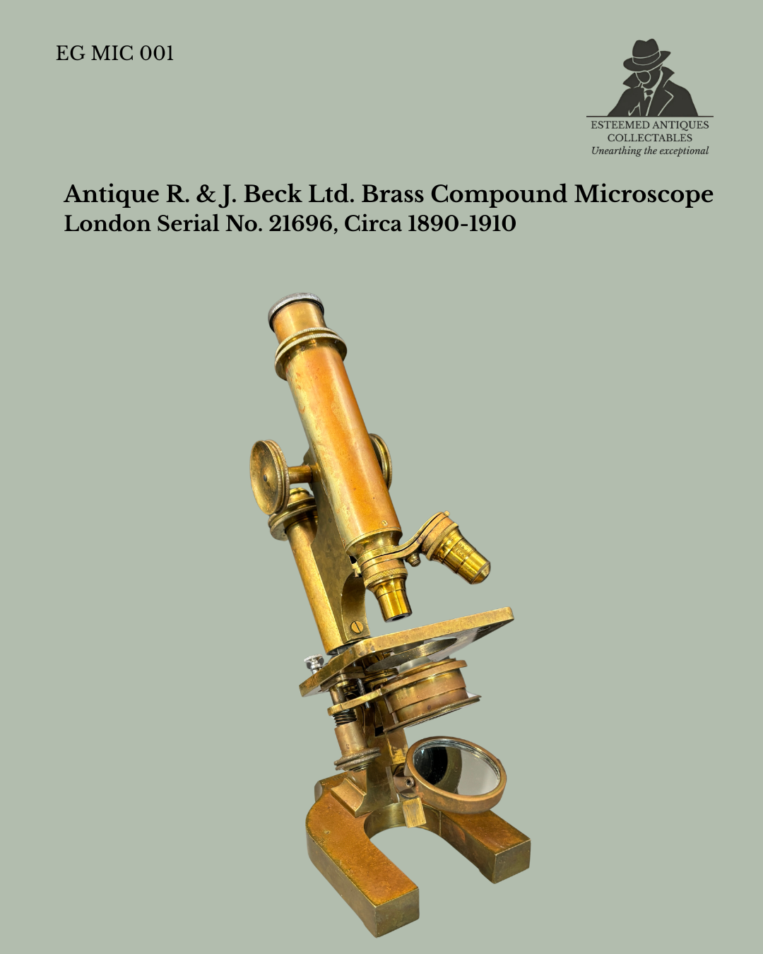 Antique brass compound microscope by R. & J. Beck Ltd., London, serial no. 21696, late 19th–early 20th century scientific instrument.