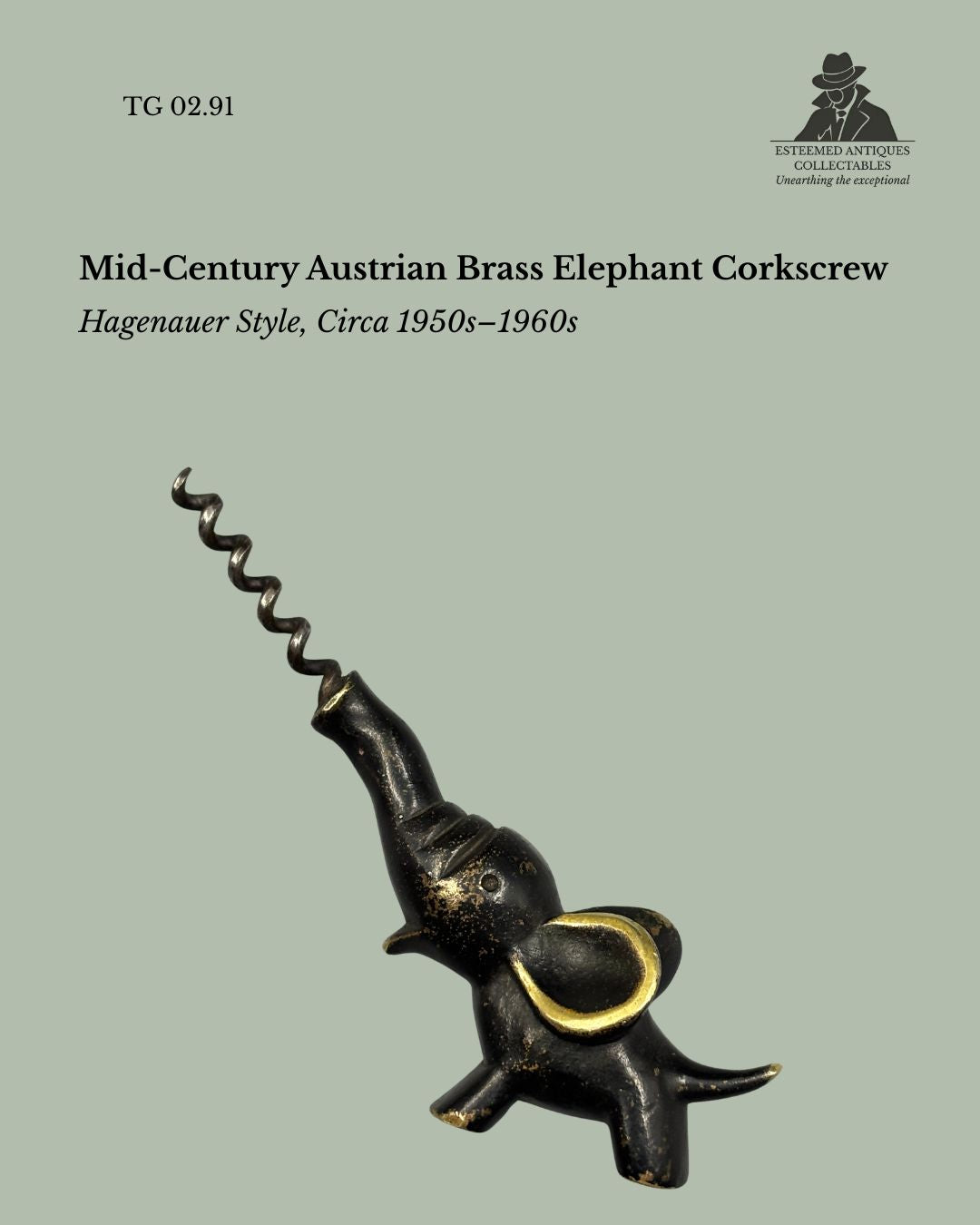 Mid-century Austrian brass elephant corkscrew in Hagenauer style with cast form and original patinated finish.