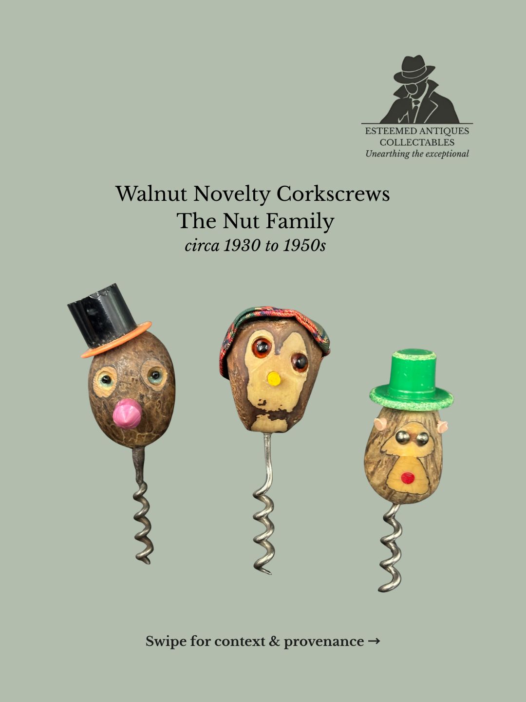 Rare vintage walnut novelty corkscrews from the 1930s–1950s. Hand-carved figural nut-head corkscrews. Collectible European barware.