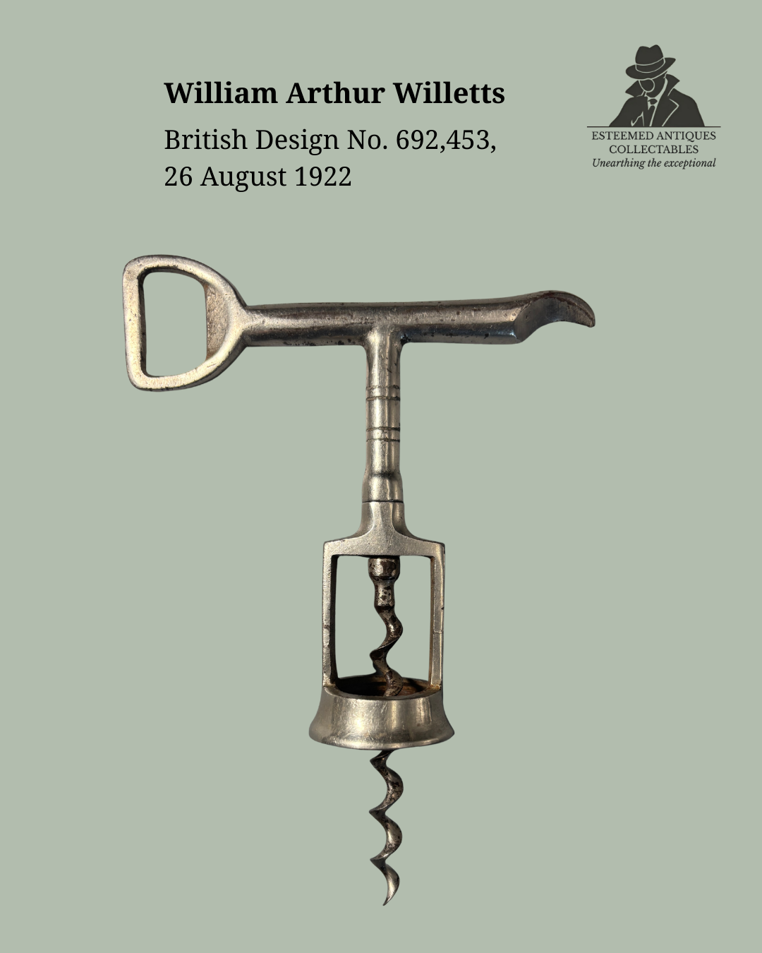 William Arthur Willetts Registered Bell-Frame Corkscrew, Nickel Plated Steel, England, 1922 (Rd No 692453)