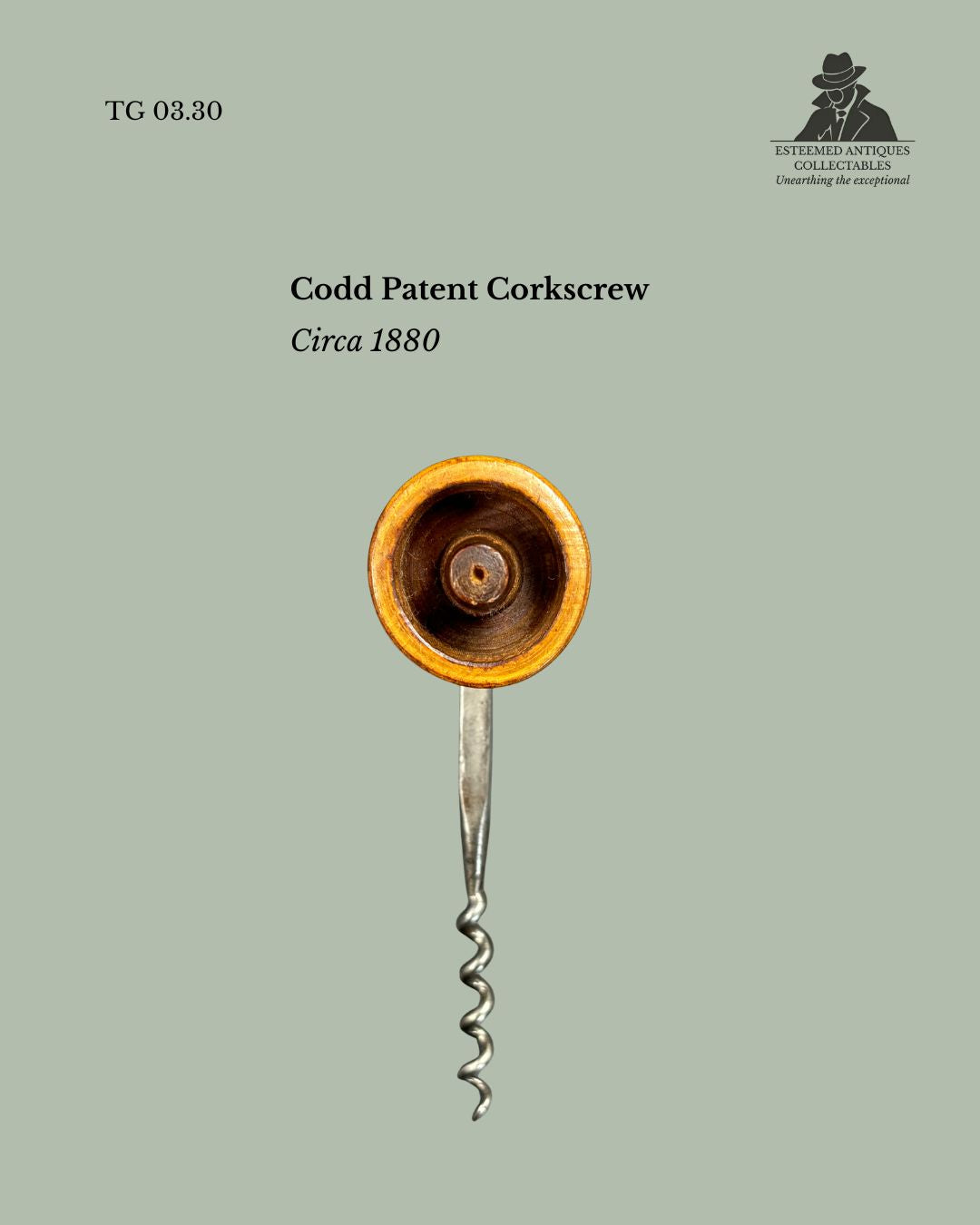Codd Bottle Opener Combination Corkscrew, Turned Wood Handle, Direct Pull, England, circa 1880 to 1900