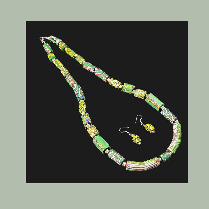 Antique Venetian millefiori glass trade beads, restrung as a necklace with earrings, 65 cm.