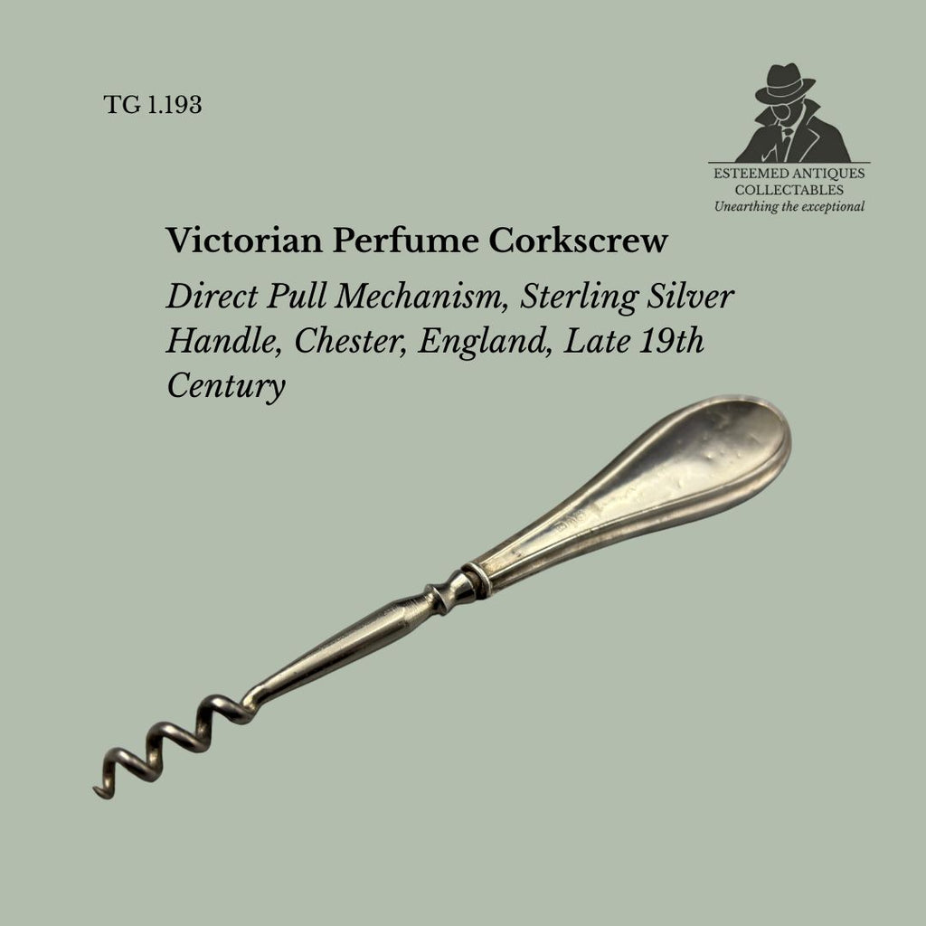 TG 1.1923 Victorian Perfume Corkscrew, Direct Pull Mechanism, Sterling Silver Handle, Chester, England, Late 19th Century