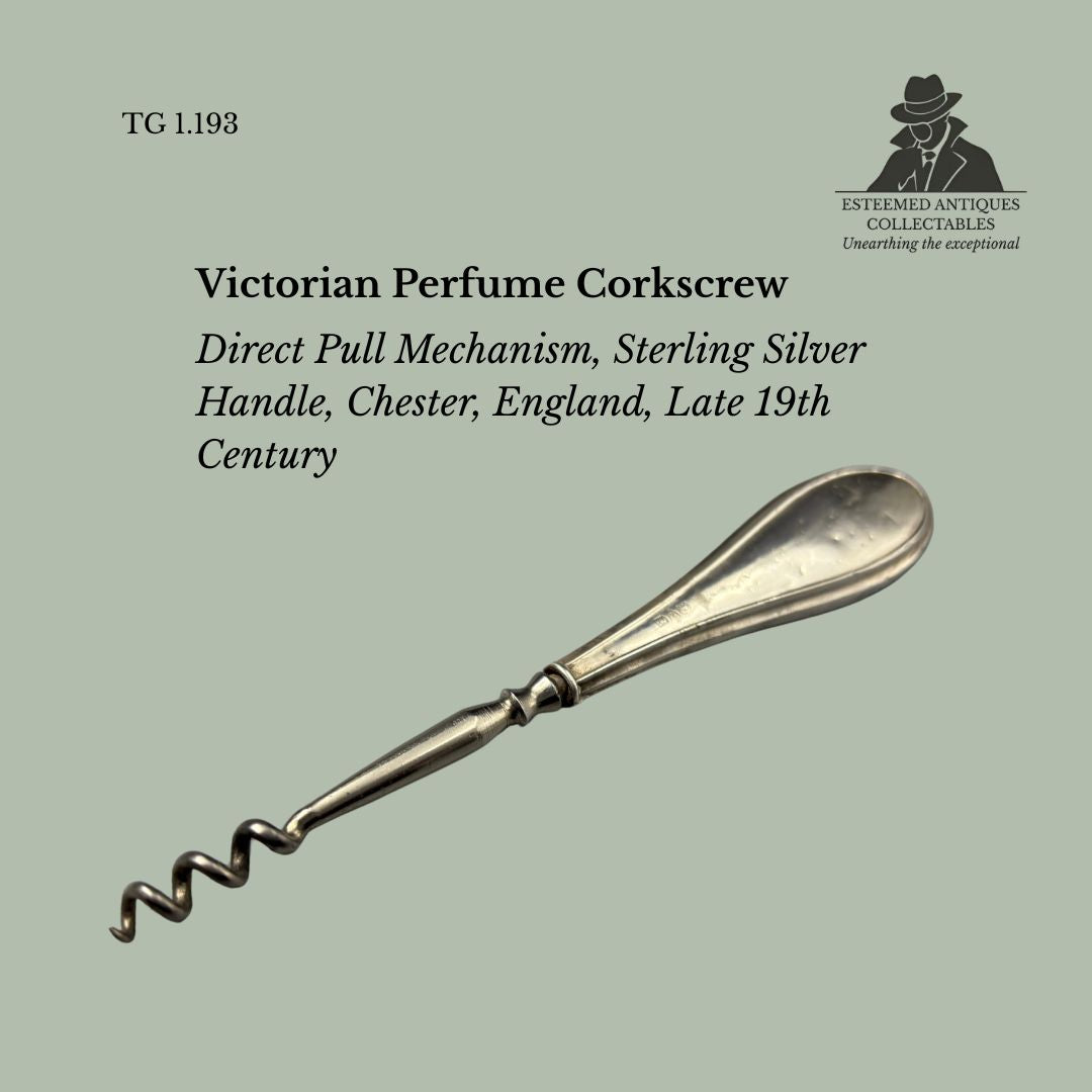 TG 1.1923 Victorian Perfume Corkscrew, Direct Pull Mechanism, Sterling Silver Handle, Chester, England, Late 19th Century