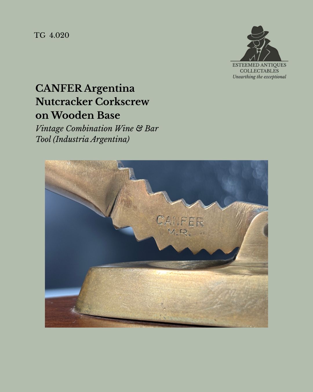 CANFER Argentina Nutcracker Corkscrew on Wooden Base, Vintage Combination Wine & Bar Tool (Industria Argentina)