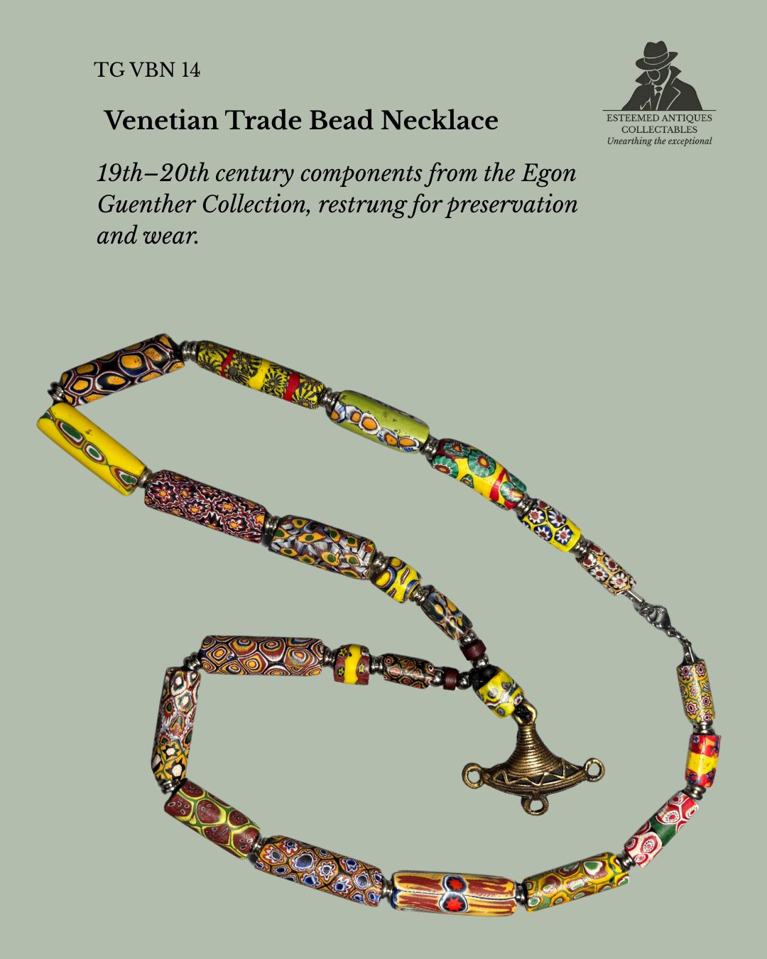 Antique Venetian Millefiori Trade Bead Necklace with Akan Brass Gold Weight Pendant, West Africa / Italy, Glass and Lost-Wax Brass