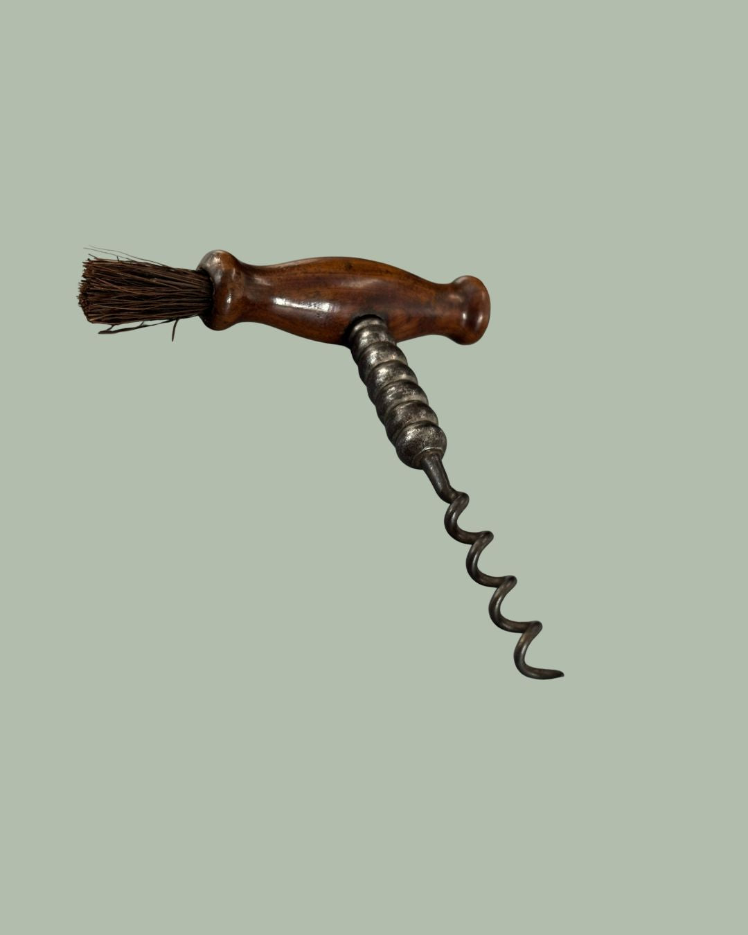 TG 0127 Victorian Wooden Handle Bar Corkscrew with Brush   Continental Europe Tavern Wine Opener circa 1880 to 1910