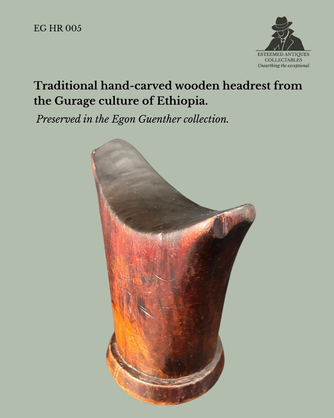 Traditional hand-carved wooden headrest from the Gurage culture of Ethiopia, collected in the Egon Guenther family collection.