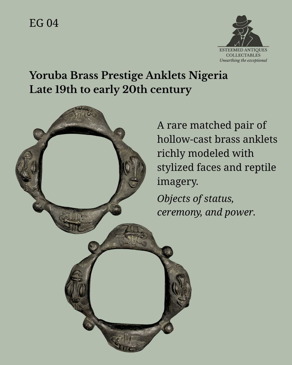 Yoruba Lost-Wax Cast Brass Ceremonial Anklets (Pair), Nigeria, Figural Prestige Leg Ornaments, 19th–20th Century