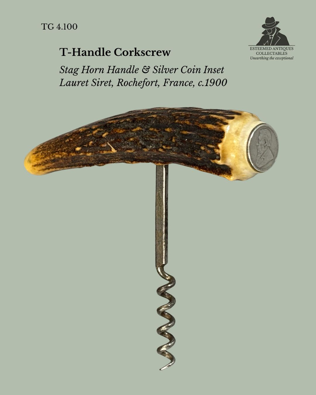 T-Handle Corkscrew, Stag Horn & Silver Coin Inset, Lauret Siret Rochefort France, c.1900