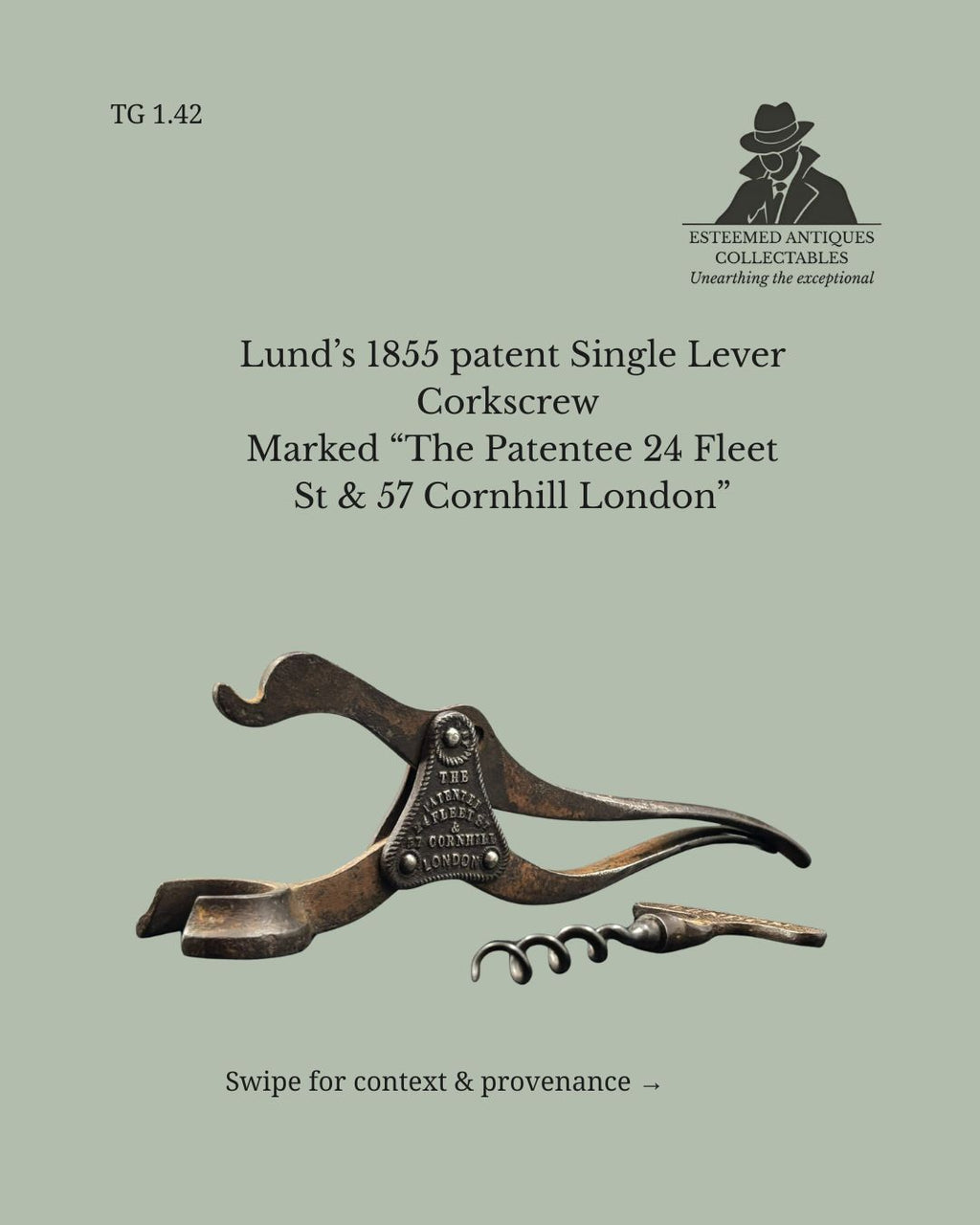 TG 1.42 Rare Victorian Lund 1855 Patent Single Lever Corkscrew, London, England
