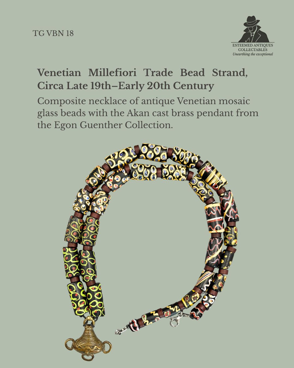Venetian Millefiori Trade Bead Necklace with Akan Gold Weight Pendant, West Africa (Ghana), Glass and Cast Brass