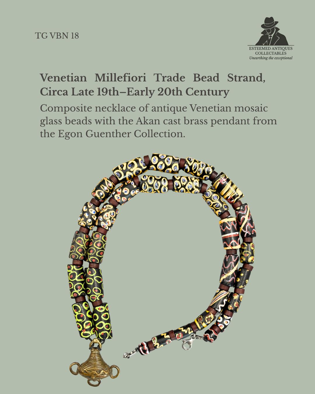 Venetian Millefiori Trade Bead Necklace with Akan Gold Weight Pendant, West Africa (Ghana), Glass and Cast Brass