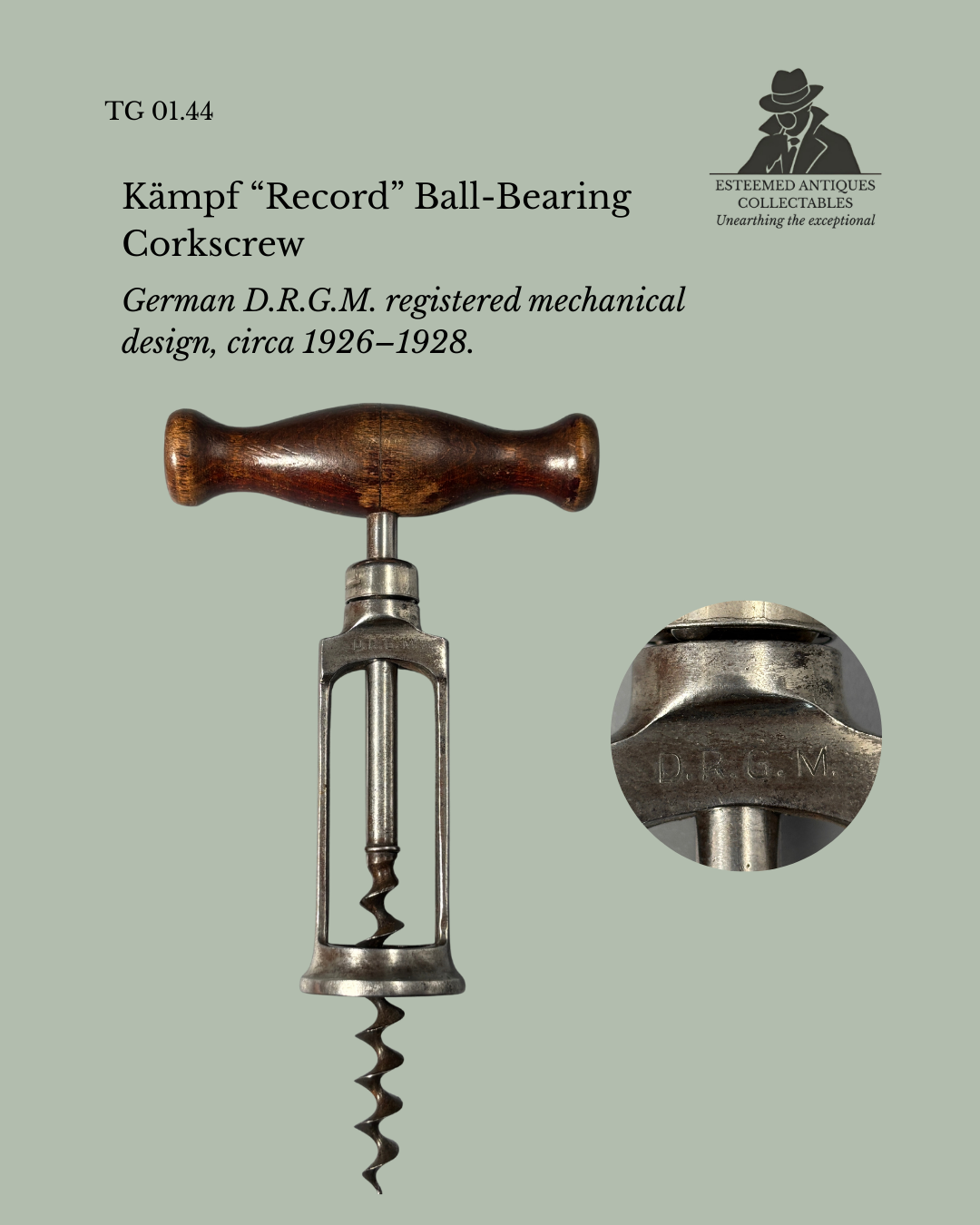 Record Frame Corkscrew, Steel with Turned Wood Handle, DRGM Registered, Germany, c.1926