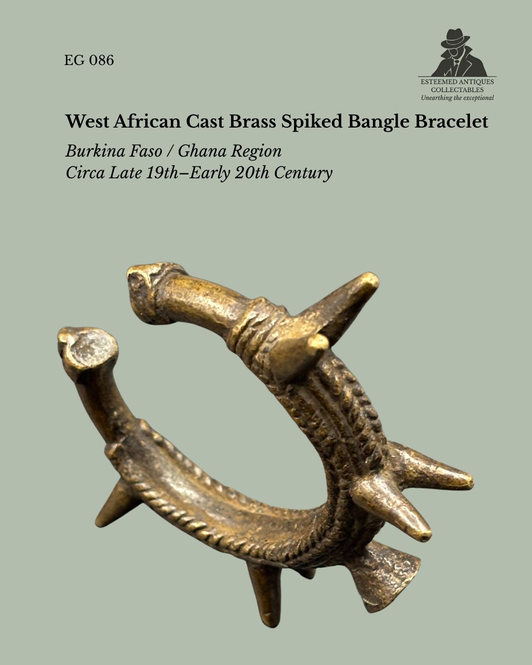 West African Cast Brass Spiked Bangle Bracelet, Burkina Faso / Ghana Region, Lost-Wax