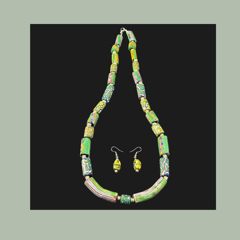 Antique Venetian millefiori glass trade beads, restrung as a necklace with earrings, 65 cm.