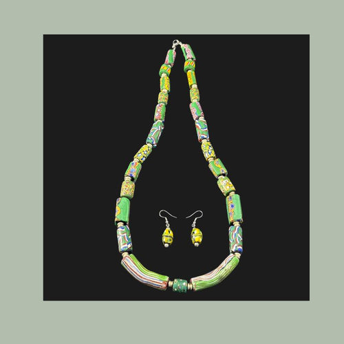 Antique Venetian millefiori glass trade beads, restrung as a necklace with earrings, 65 cm.