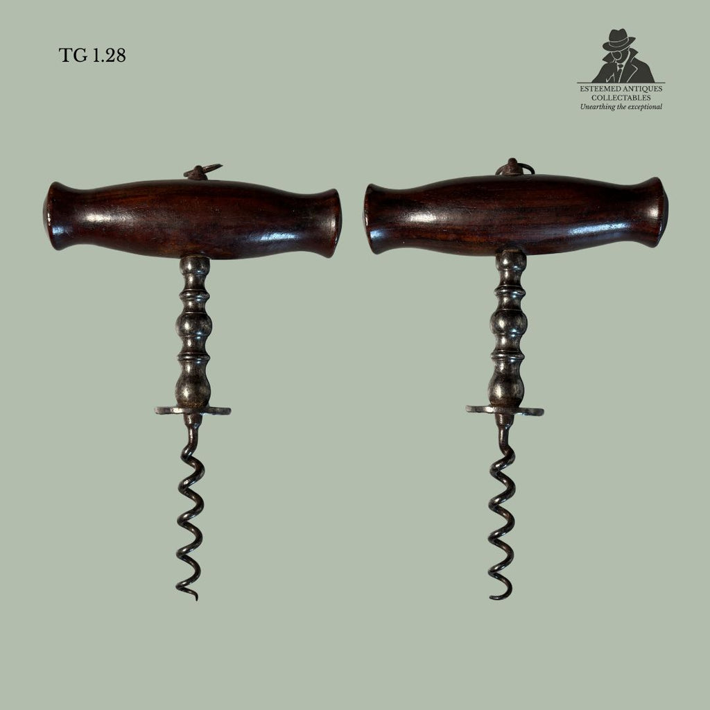 English Henshall-Type Button Corkscrew with Serrated Guide Disc, Turned Steel Shank and Hardwood Handle, c.1880–1900