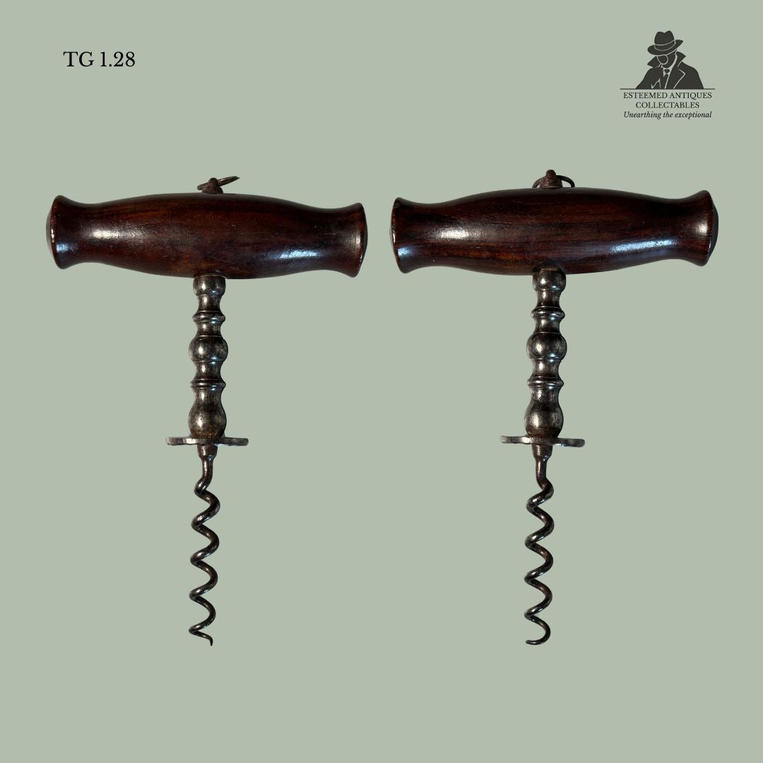 English Henshall-Type Button Corkscrew with Serrated Guide Disc, Turned Steel Shank and Hardwood Handle, c.1880–1900