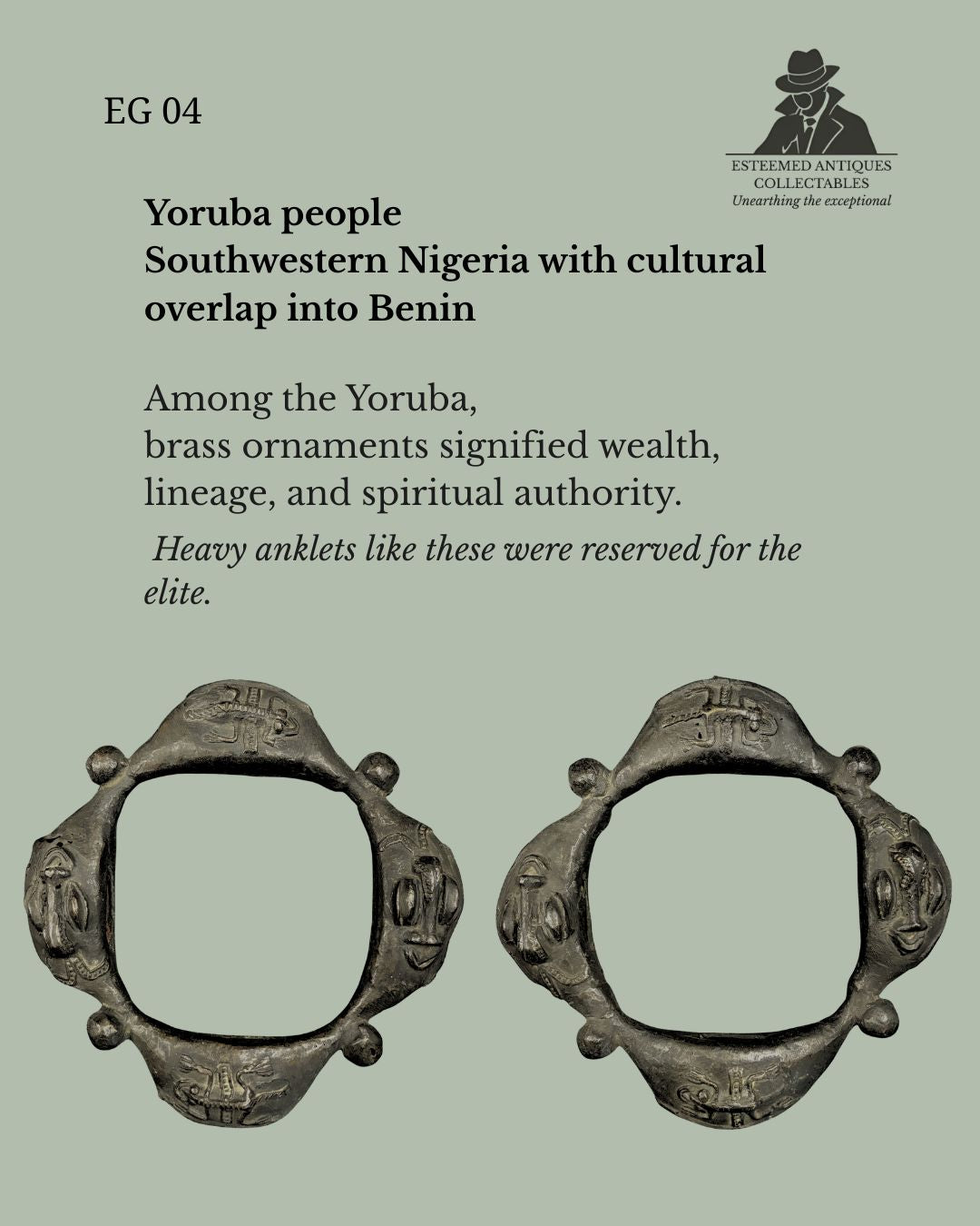 Yoruba Lost-Wax Cast Brass Ceremonial Anklets (Pair), Nigeria, Figural Prestige Leg Ornaments, 19th–20th Century