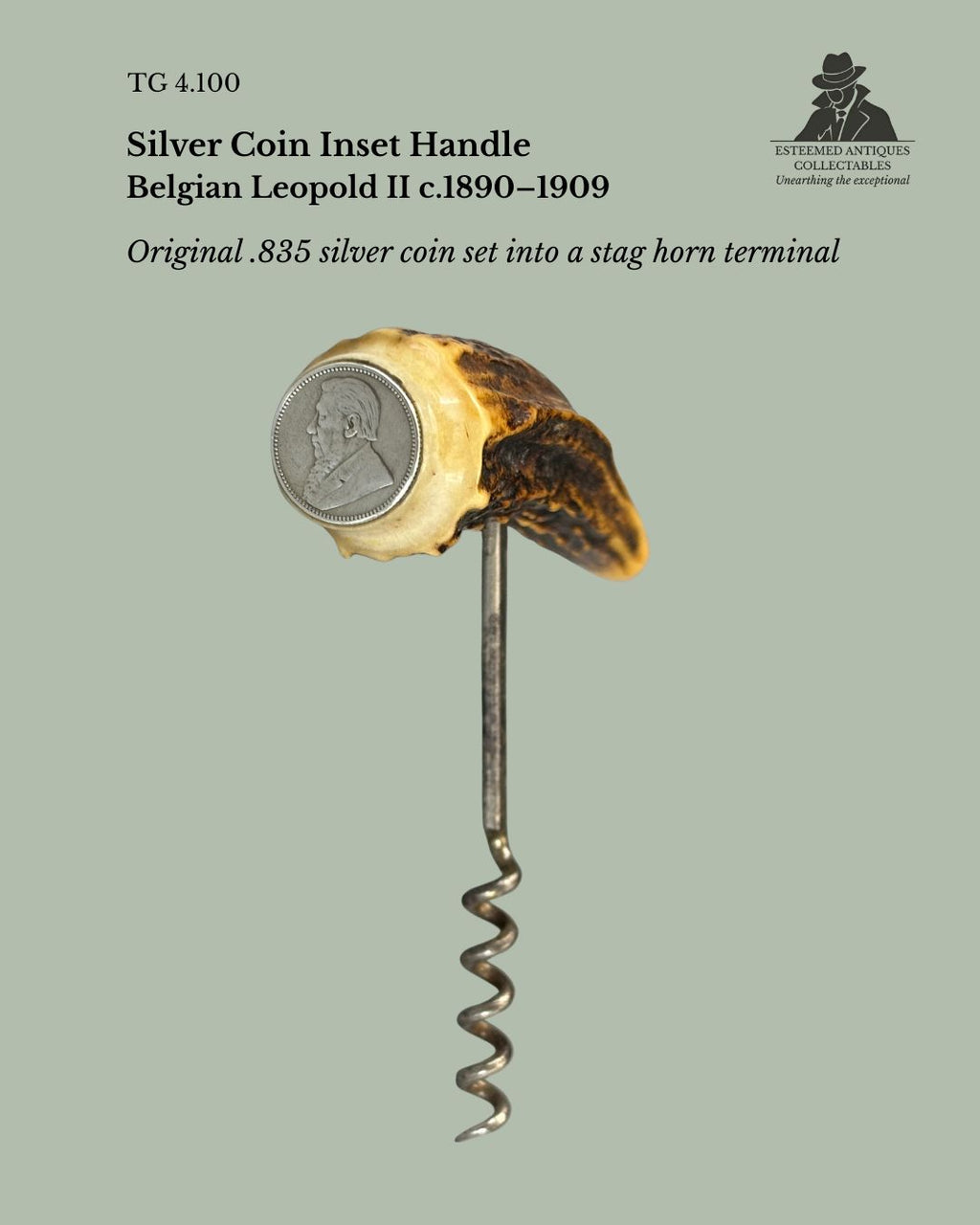 T-Handle Corkscrew, Stag Horn & Silver Coin Inset, Lauret Siret Rochefort France, c.1900