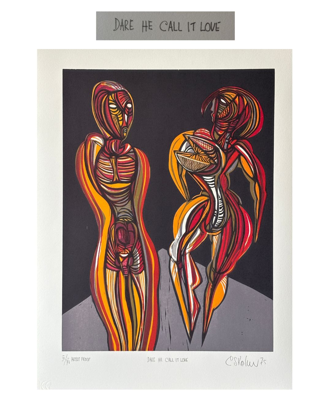 Cecil Skotnes (1926–2009) - “Dare He Call It Love”, Artist’s Proof Woodcut Print, South Africa, 1975, Zerkall Bütten Paper