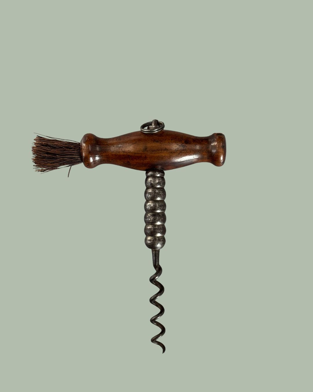 TG 0127 Victorian Wooden Handle Bar Corkscrew with Brush   Continental Europe Tavern Wine Opener circa 1880 to 1910