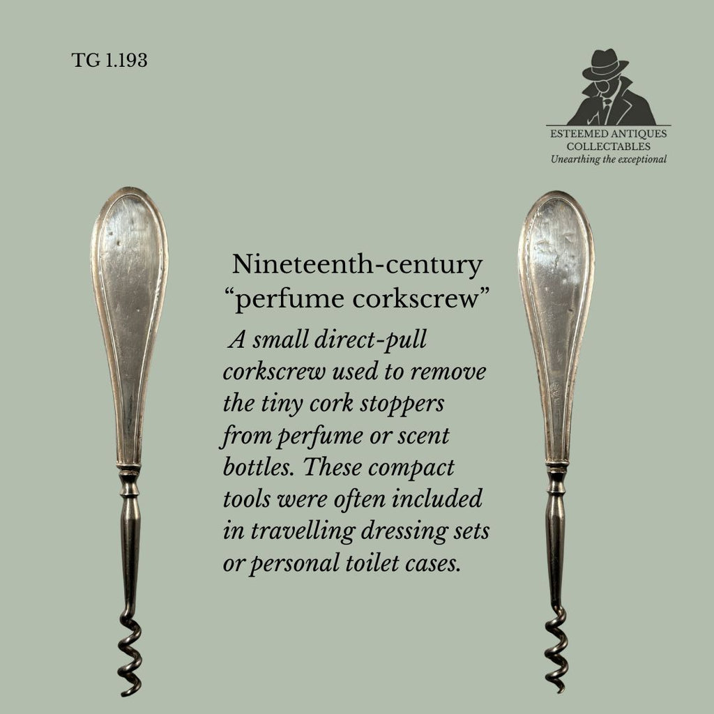 TG 1.1923 Victorian Perfume Corkscrew, Direct Pull Mechanism, Sterling Silver Handle, Chester, England, Late 19th Century