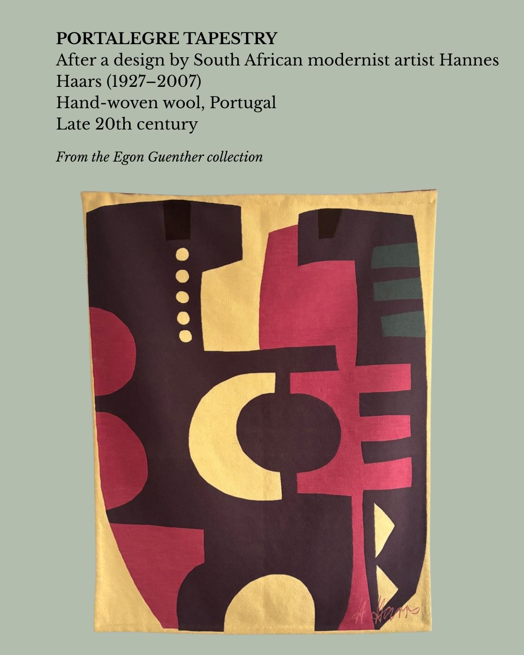 Hannes Harrs Portalegre Tapestry, South African Artist Design Woven in Portugal, Hand-Woven Wool Abstract Wall Hanging
