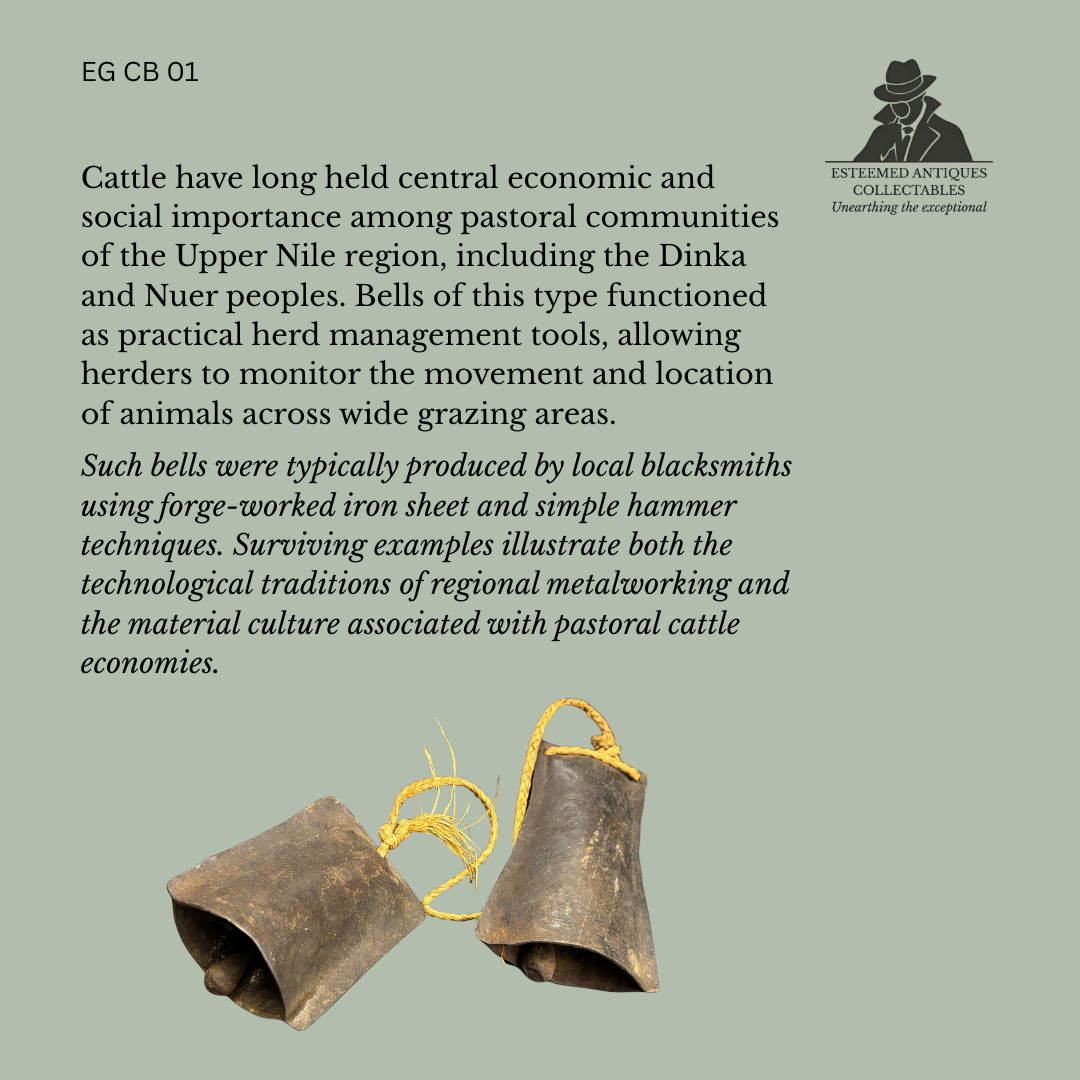 TG CB 01 African Cattle Herding Bells, Attributed Dinka or Nuer Culture, South Sudan, Forged Steel Livestock Bells (Pair)